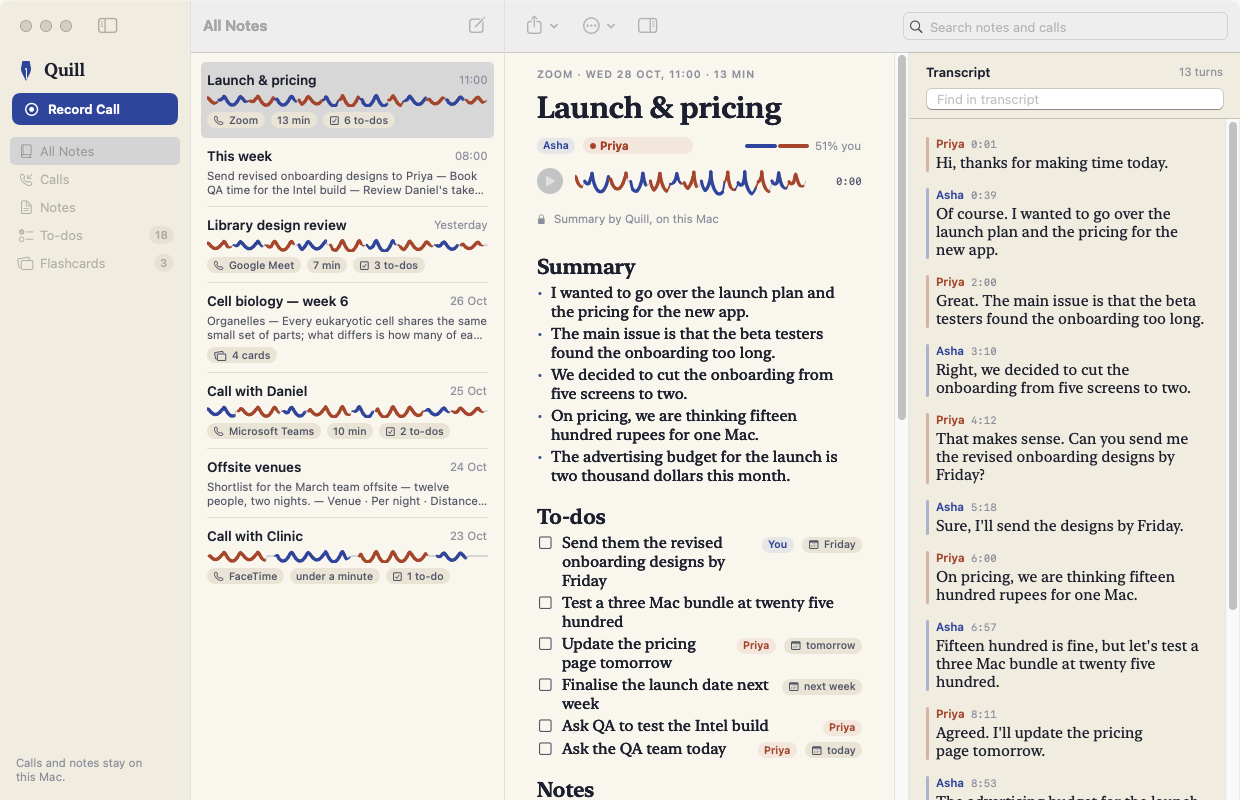 A finished call: summary and to-dos with owners and dates, next to the transcript