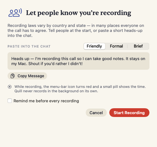 The consent reminder with a heads-up message to paste into the chat
